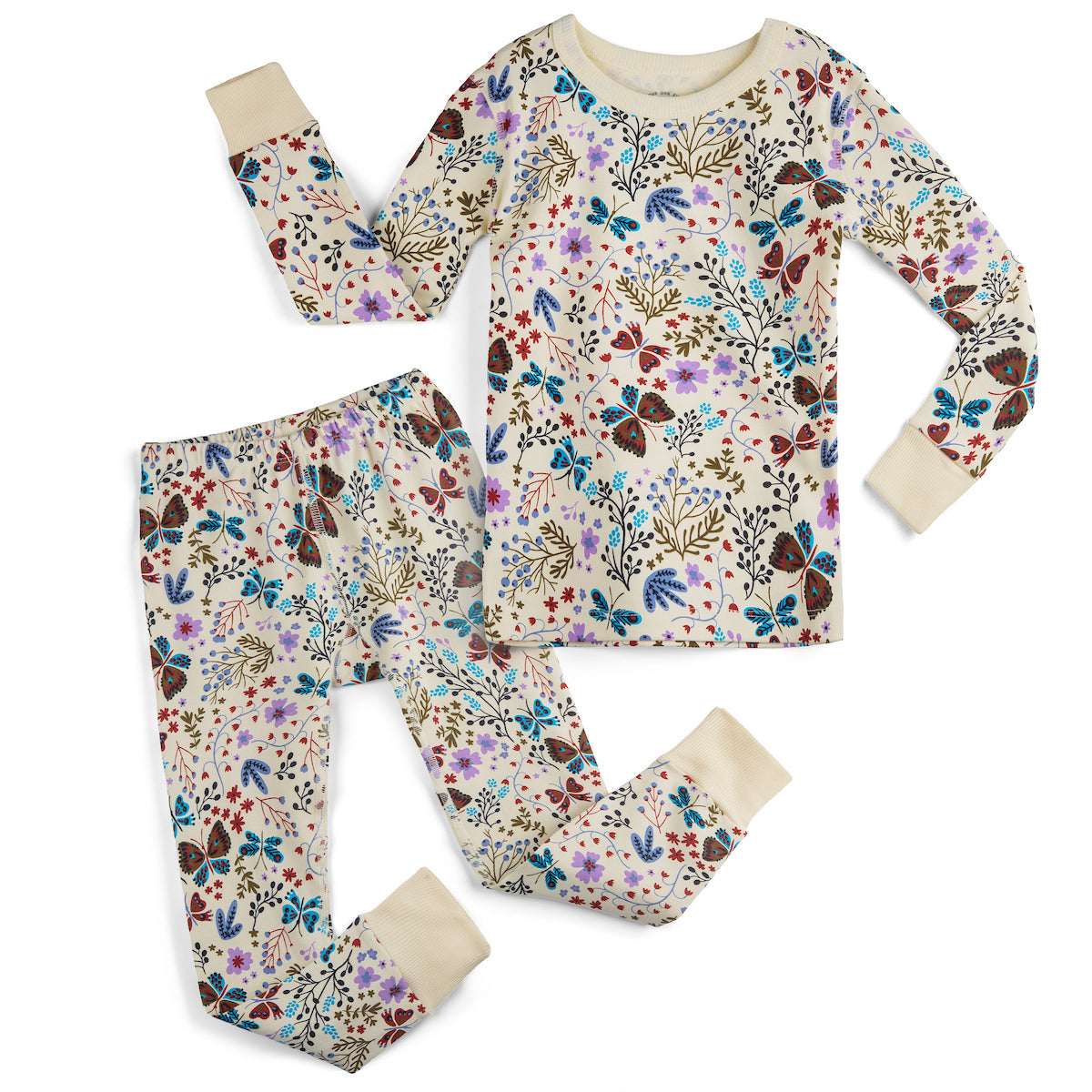 Children's pajama set with butterfly and floral pattern on a white background