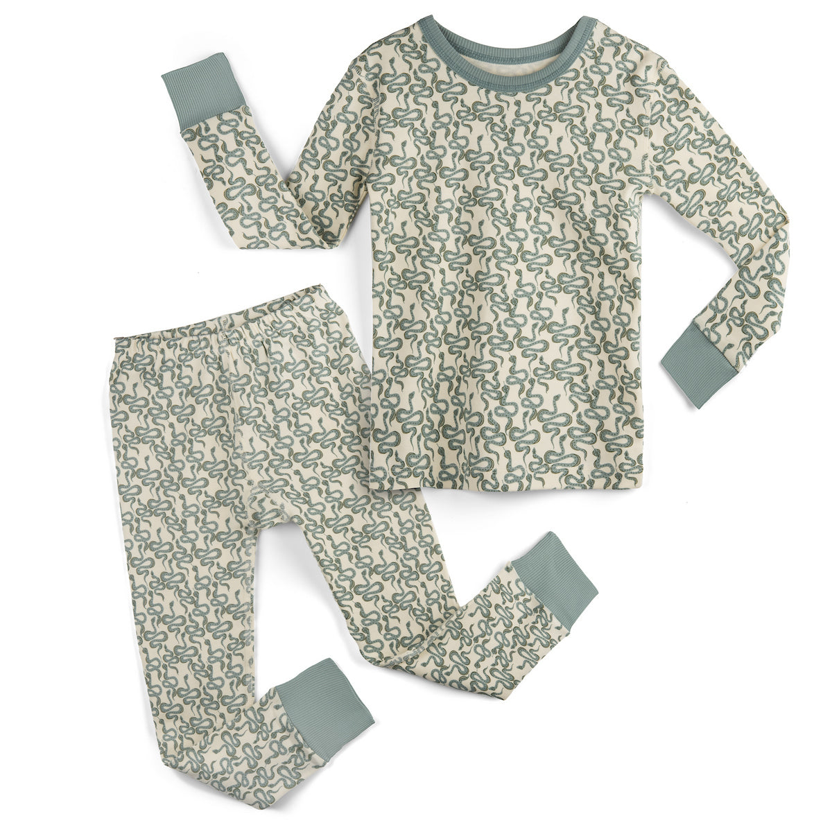 Children's pajama set with a green snake pattern on a white background