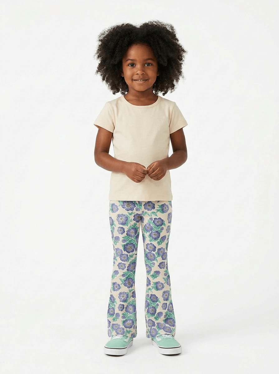 Kids Leggings: Organic Cotton Flared Yoga Pants: Purple Poppies1LF001_Flared Leggings SingleRockets of Awesome