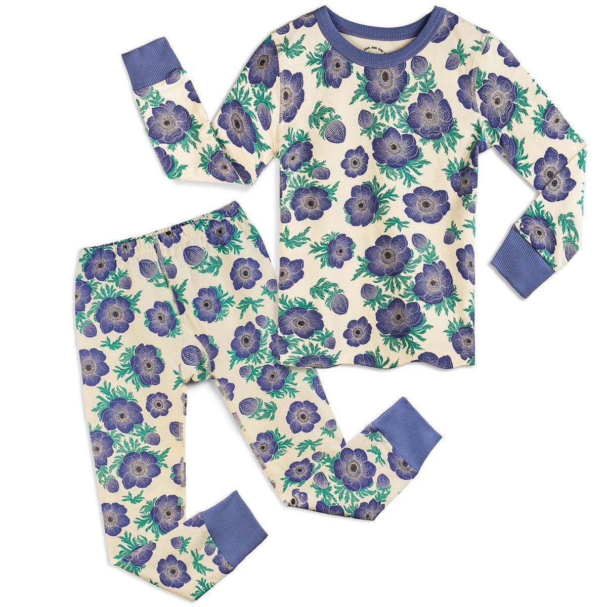 Floral pajama set with purple flowers on a white background