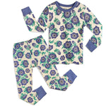 Floral pajama set with purple flowers on a white background