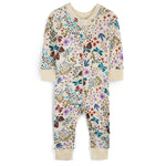 Children's onesie with floral and butterfly pattern on a white background