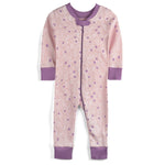 Pink and purple baby onesie with floral pattern on a white background