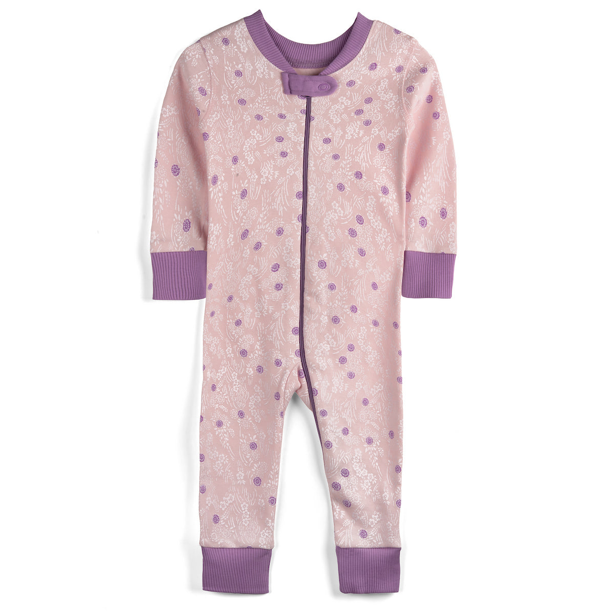 Pink and purple baby onesie with floral pattern on a white background