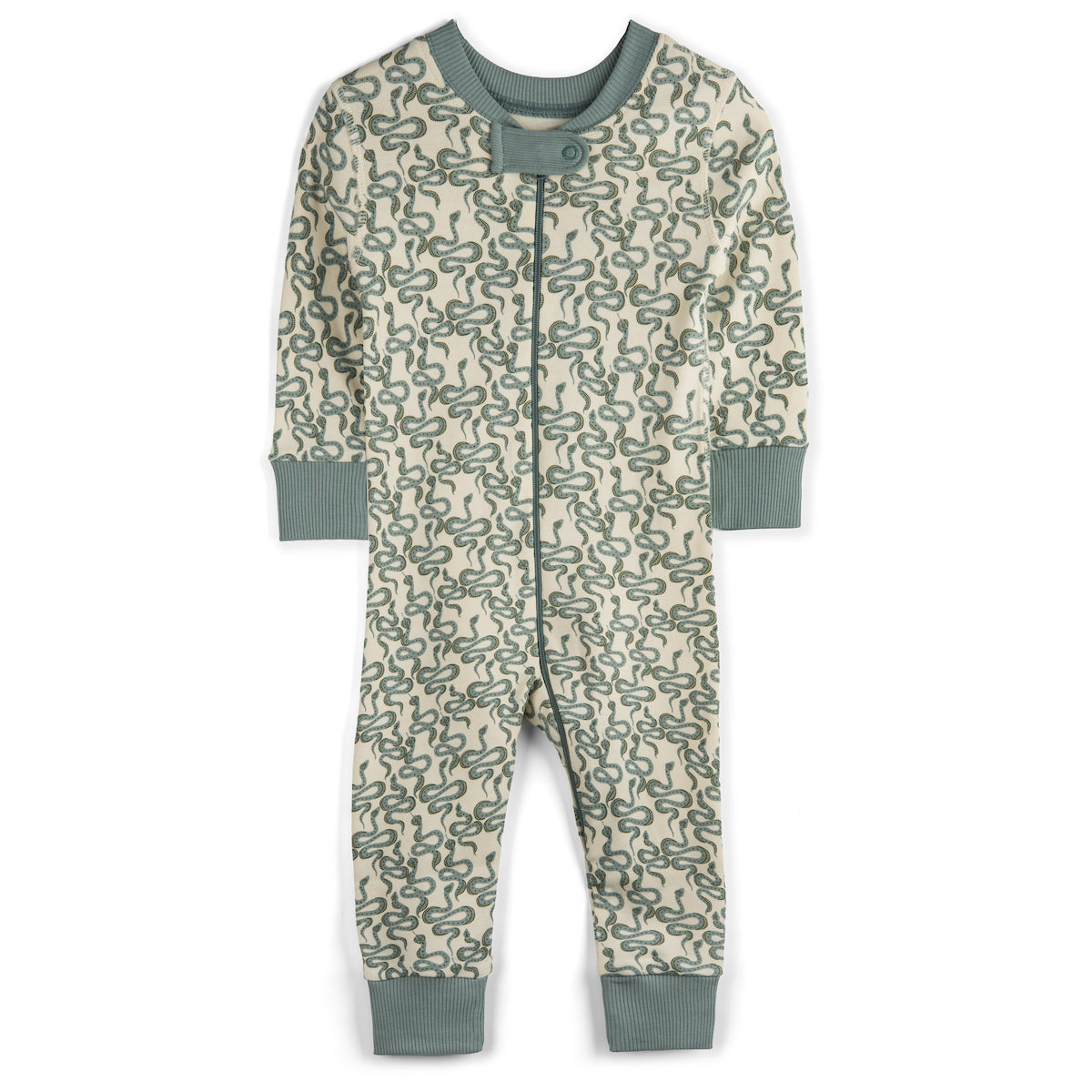 Baby pajama with green snakes on a white background