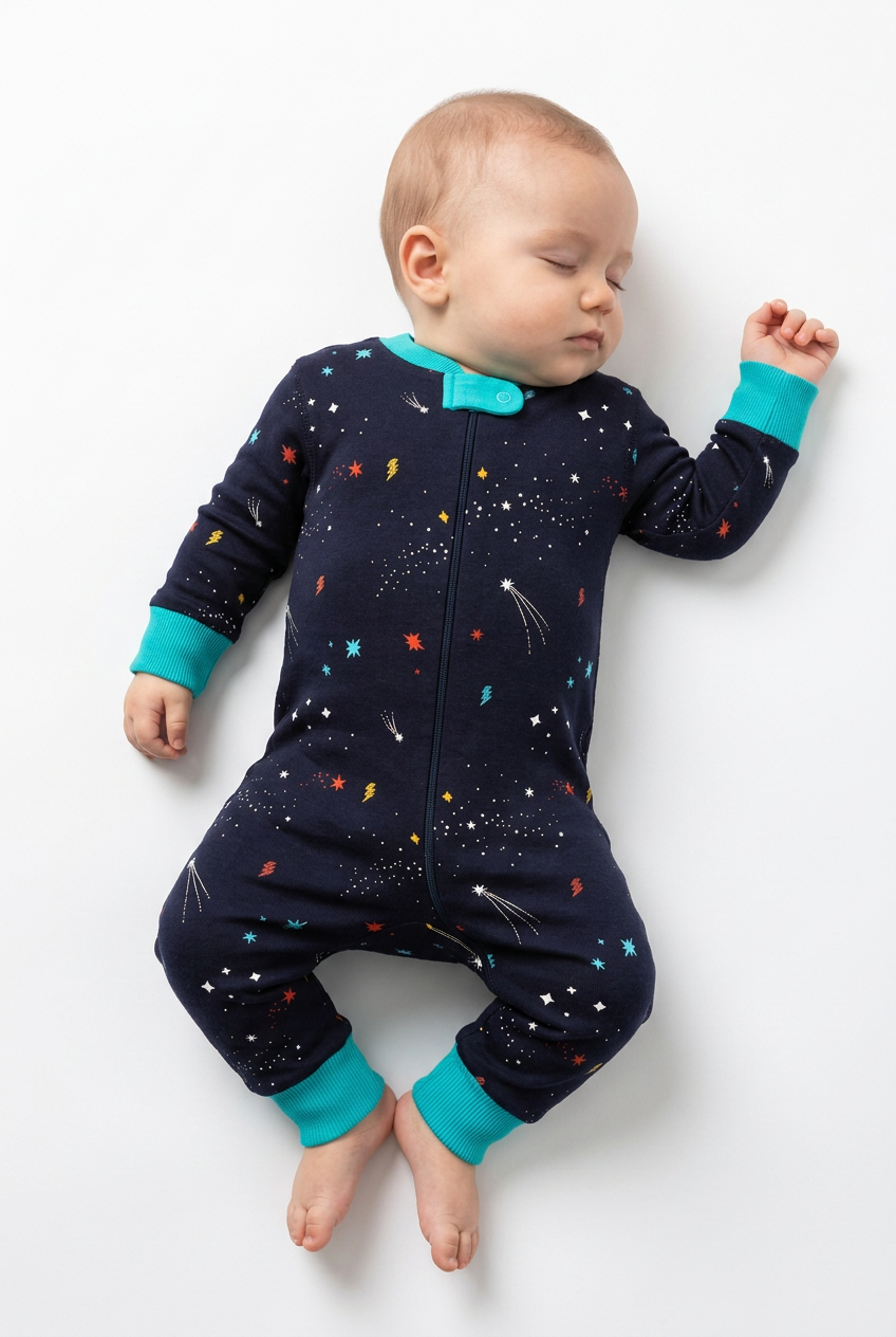 Baby wearing a dark blue onesie with colorful patterns on a white background