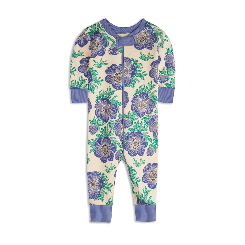 Floral patterned onesie with purple flowers on a white background