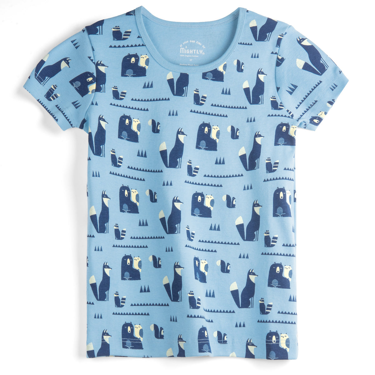 Blue t-shirt with bear pattern on a white background