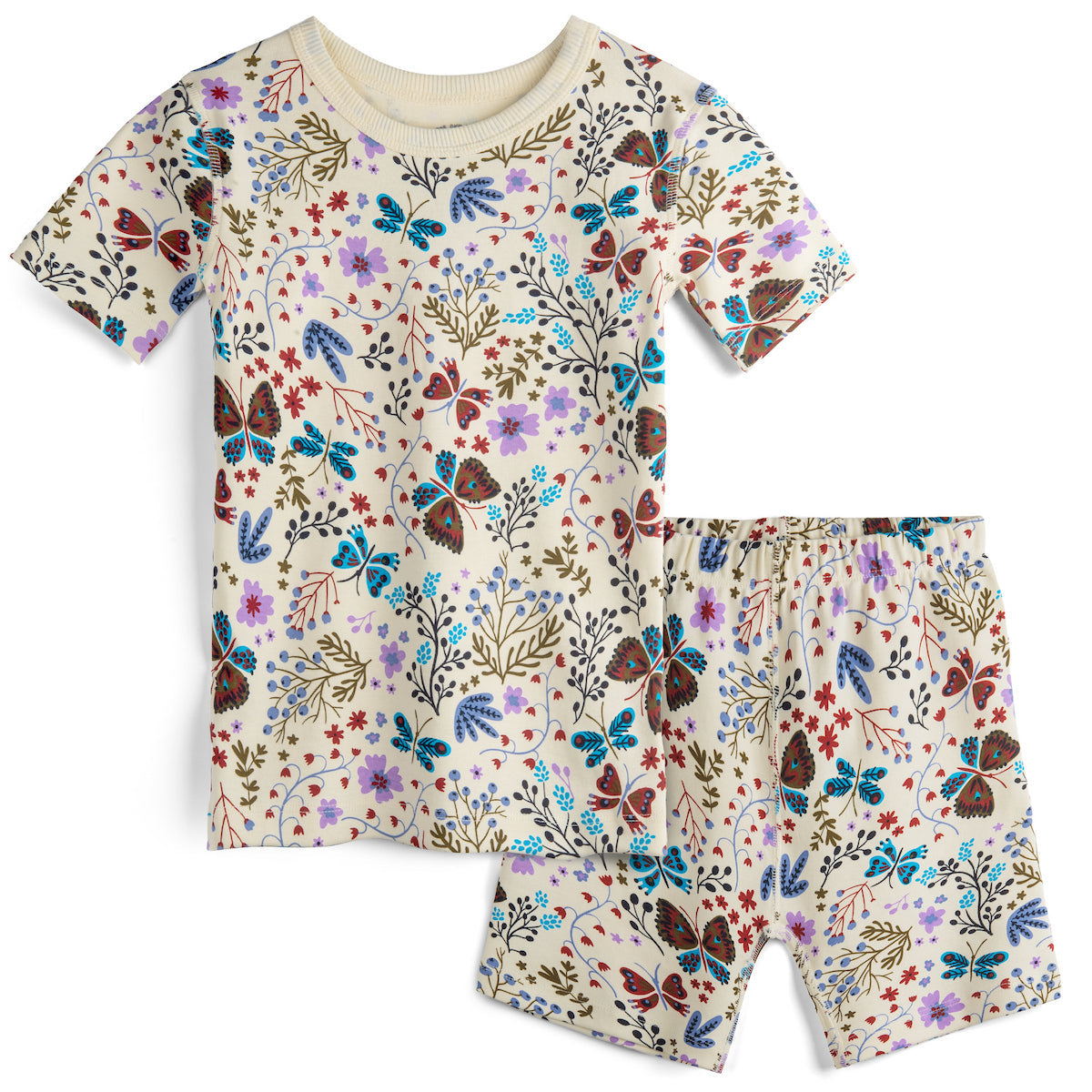 Children's pajama set with floral and butterfly pattern on a white background