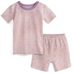 Children's pink floral pajama set with short-sleeve top and shorts on a white background
