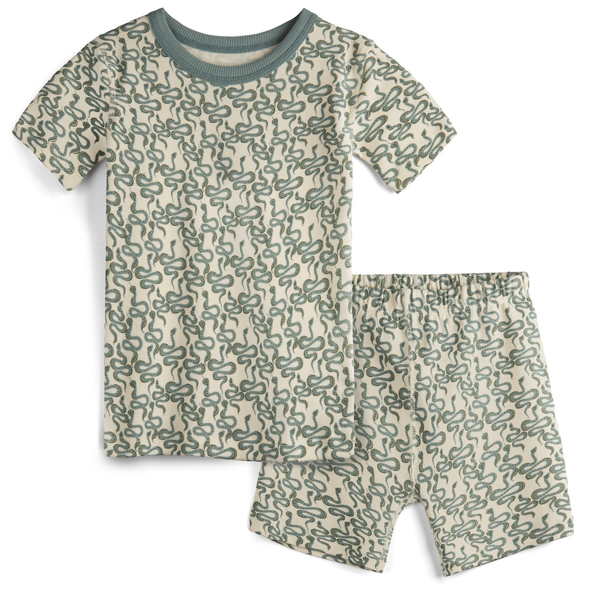 Children's pajama set with short-sleeve top and shorts featuring a green pattern on a beige background.