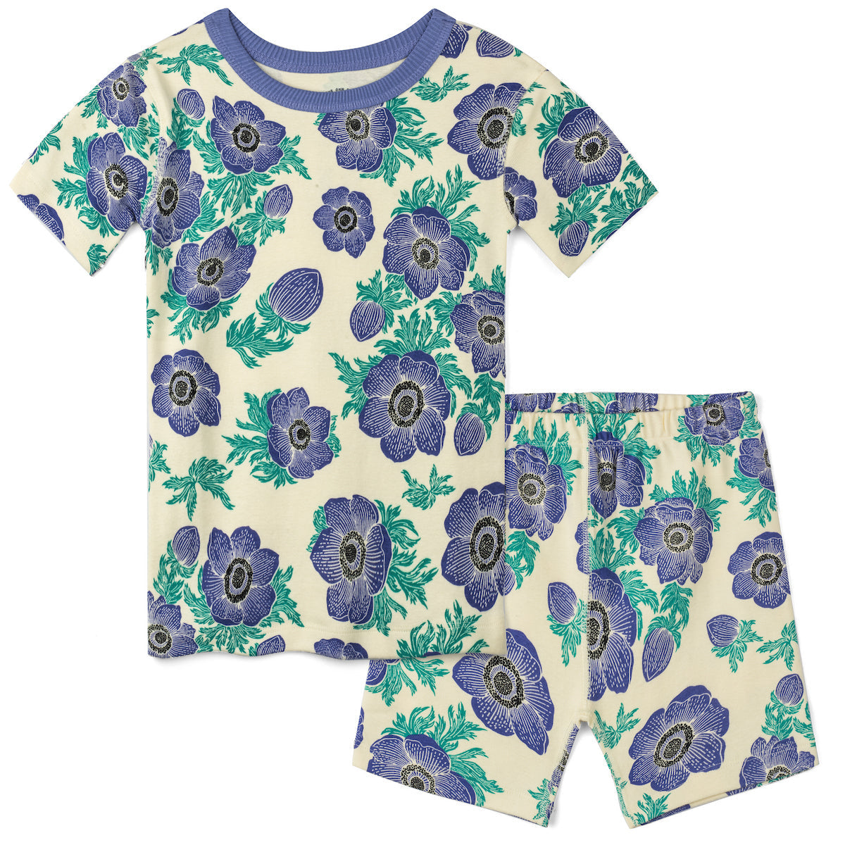 Children's pajama set with blue floral pattern on a white background