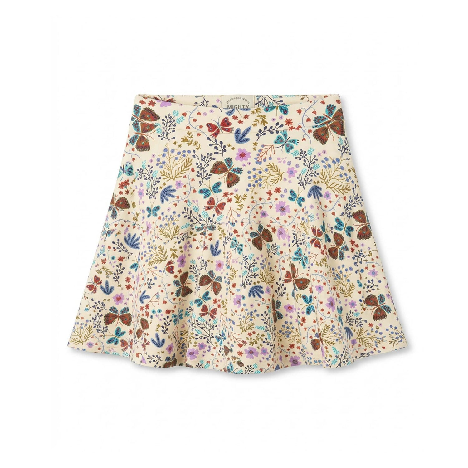 Floral and butterfly patterned skirt on a white background
