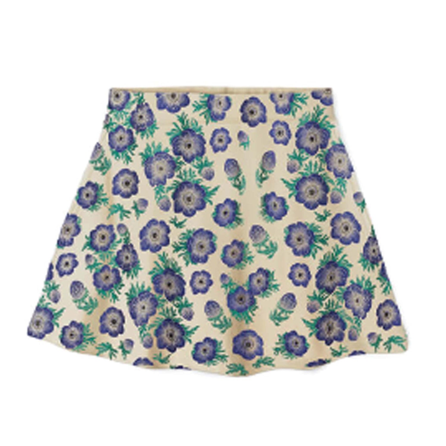 Floral patterned skirt with purple flowers on a white background