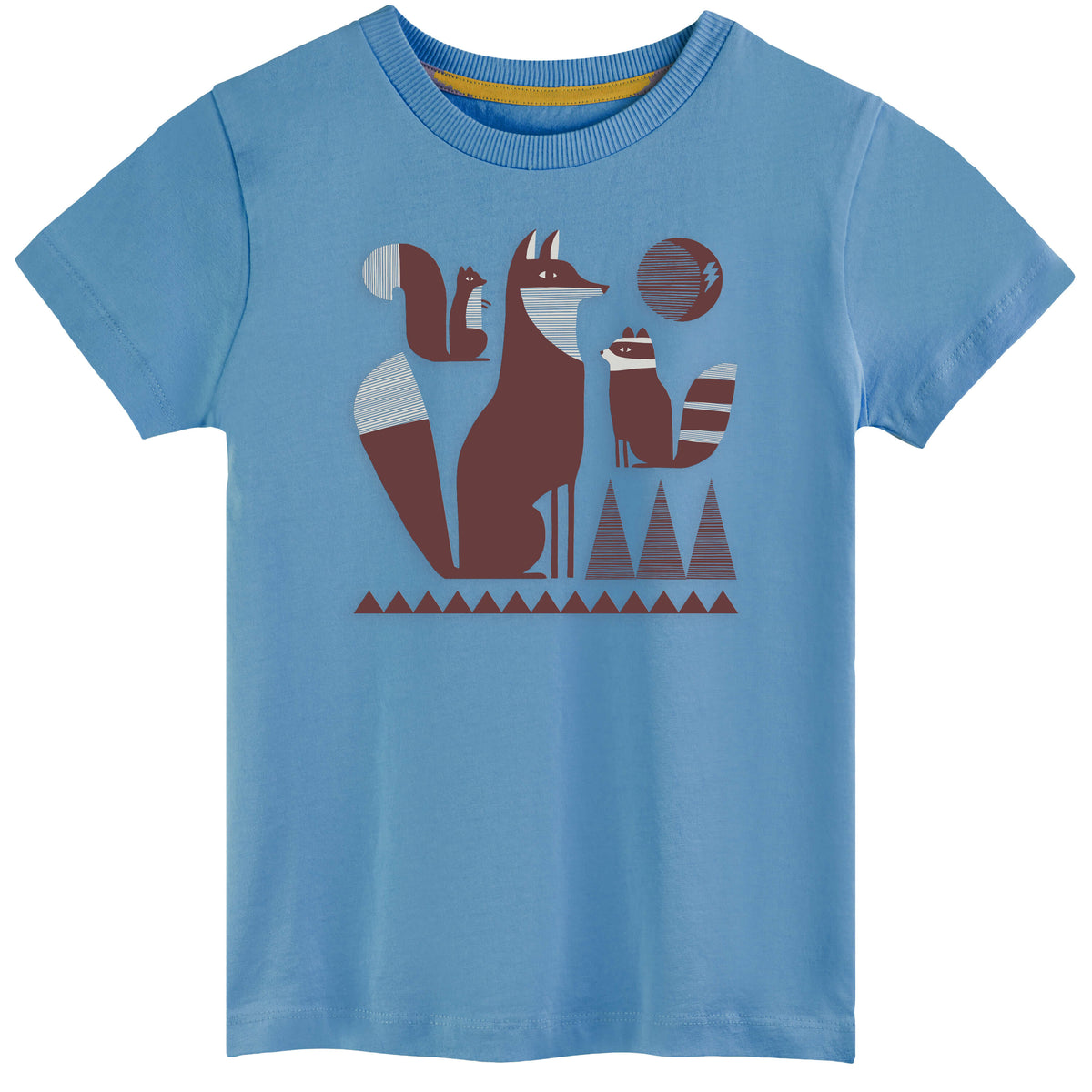 Blue t-shirt with fox graphic on a white background