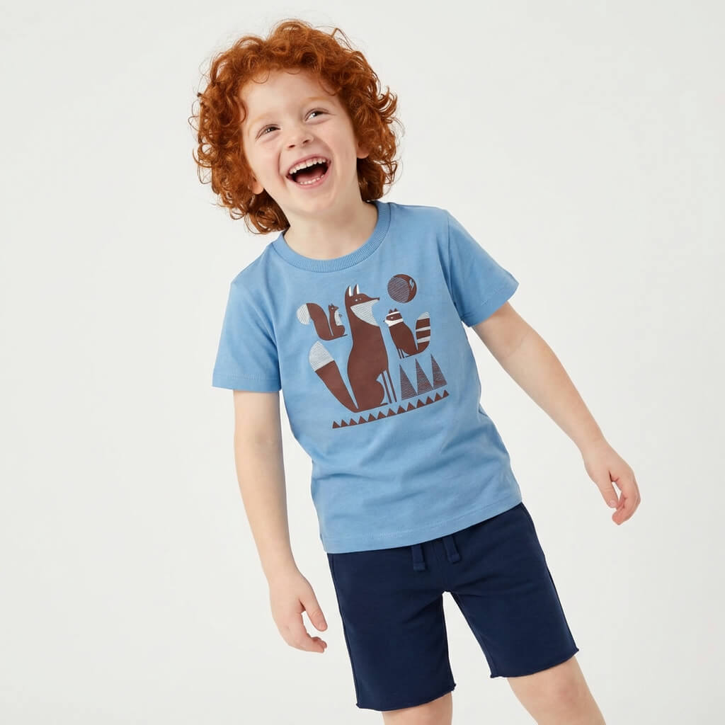 Young boy with red hair wearing a Mightly 100% organic cotton graphic tee with a colorful fox print and navy shorts.