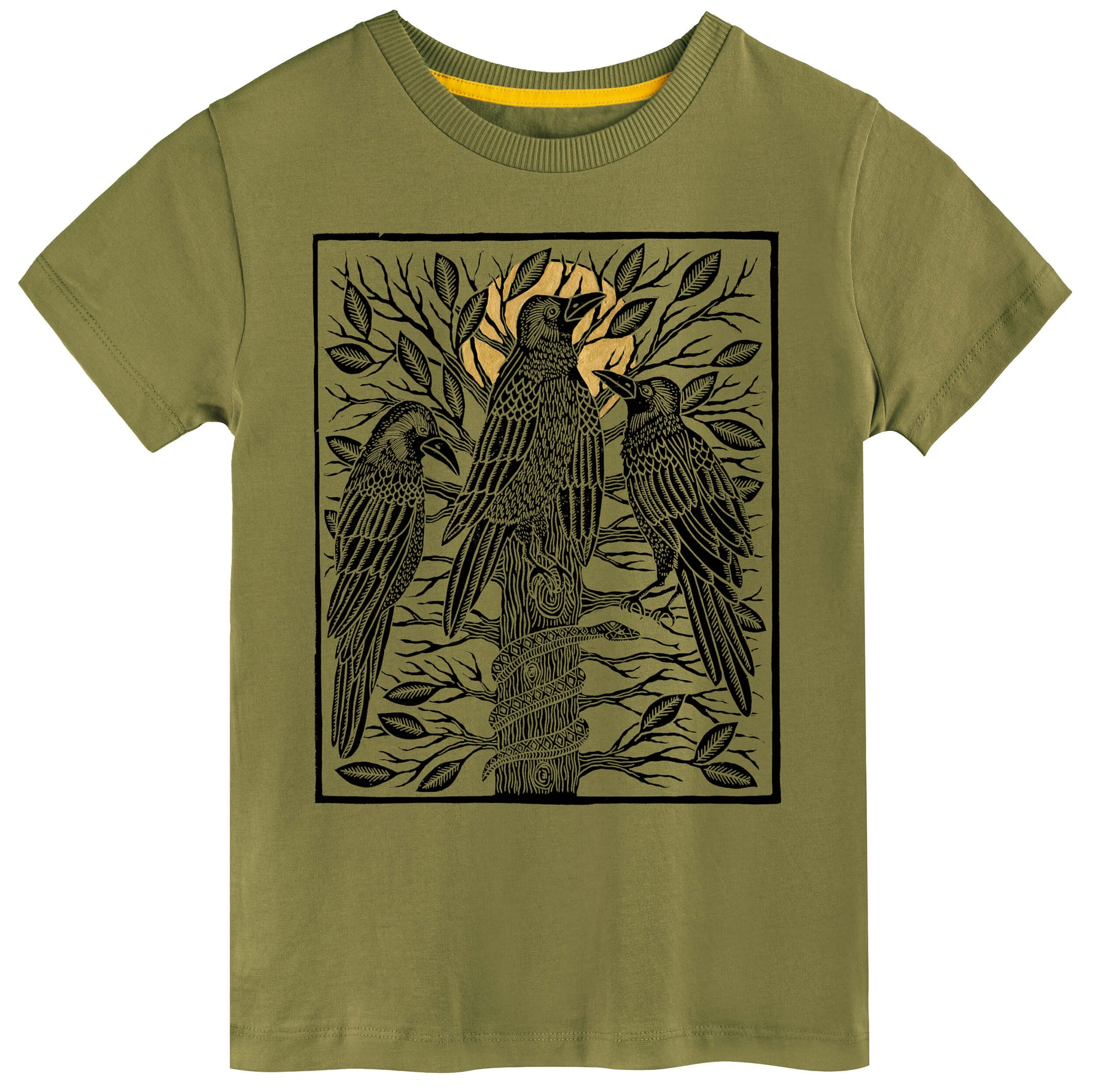 Olive green t-shirt with black bird design on a white background