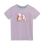 Lilac tee shirt with a colorful bird graphic on a white background
