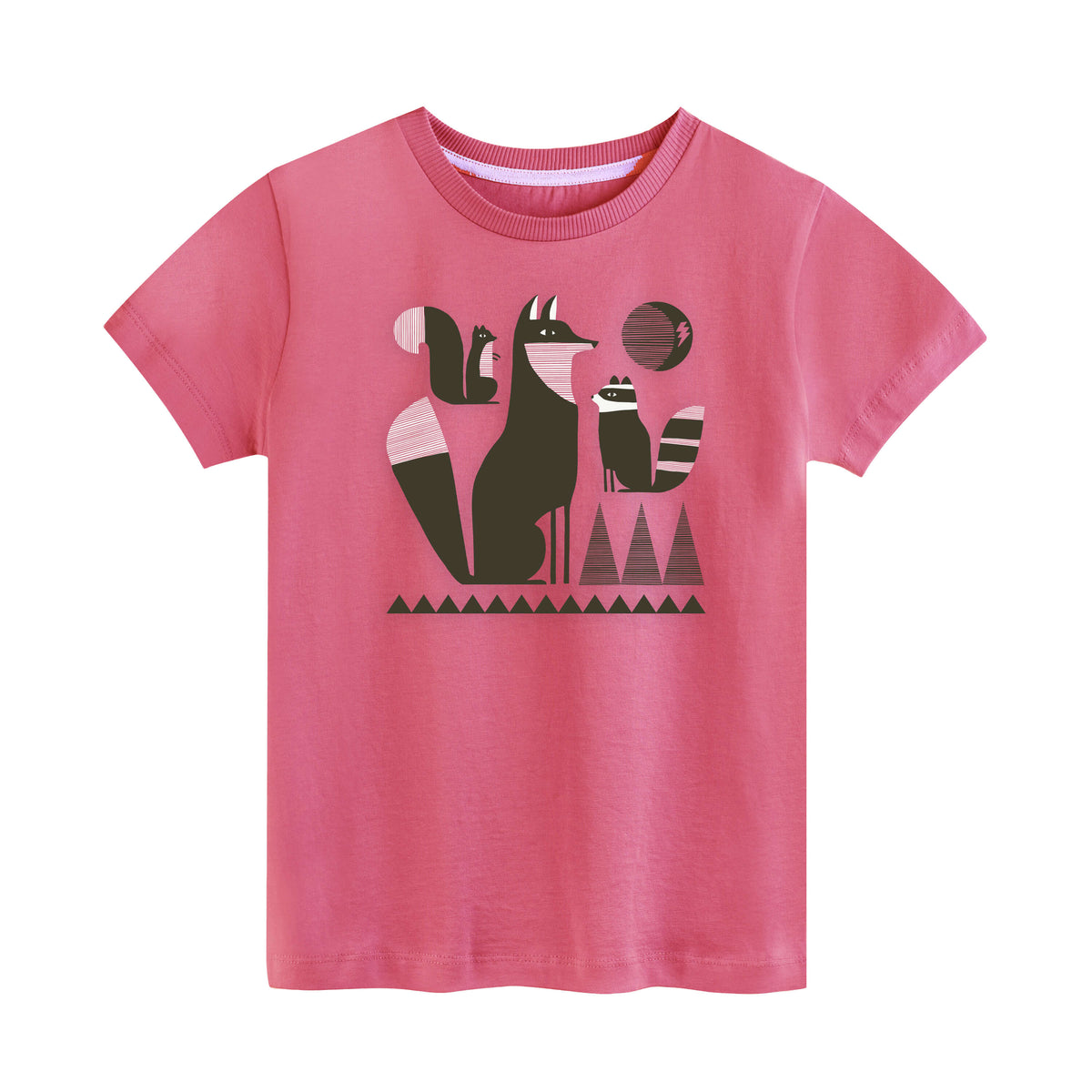 Pink tee  shirt with a fox graphic print on a white background. 