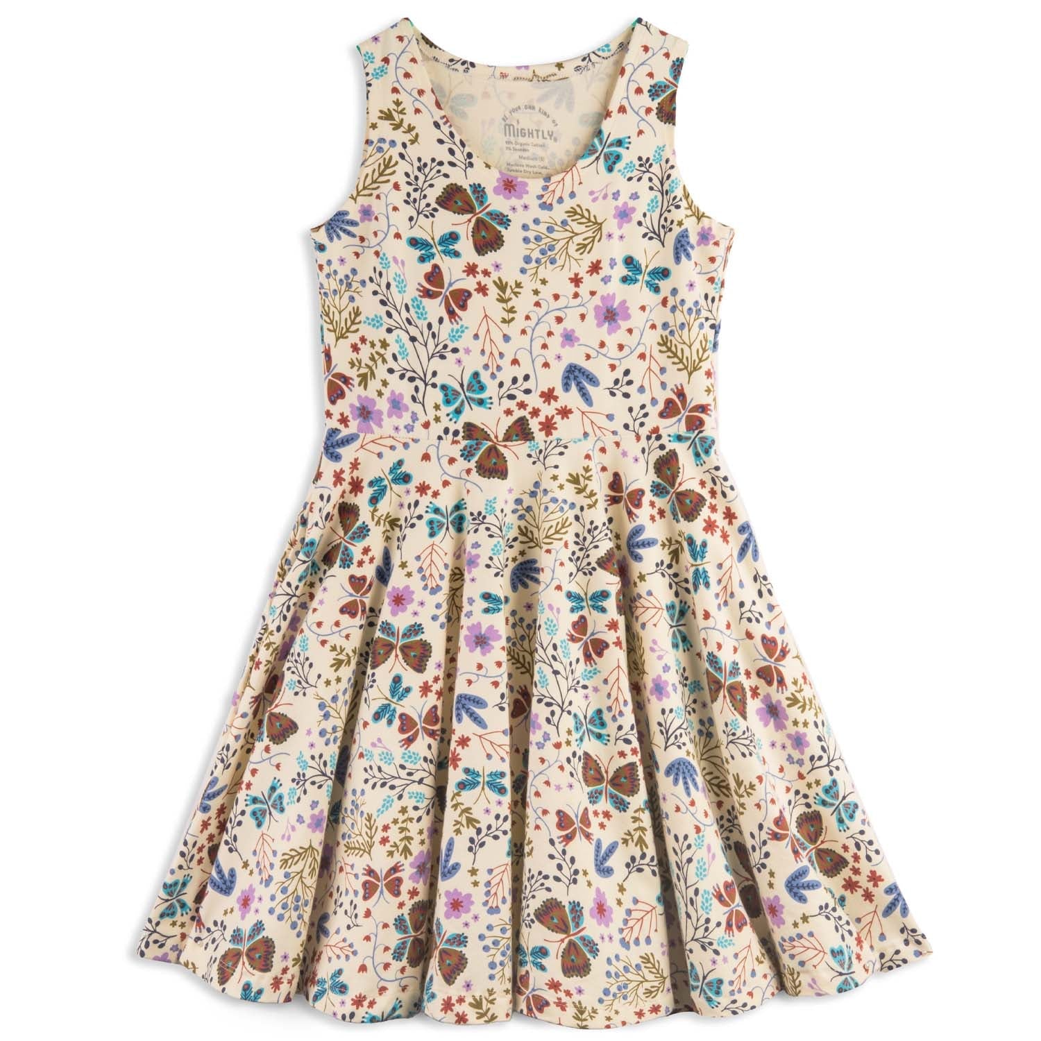 A sleeveless, above-the-knee twirl dress with a floral pattern