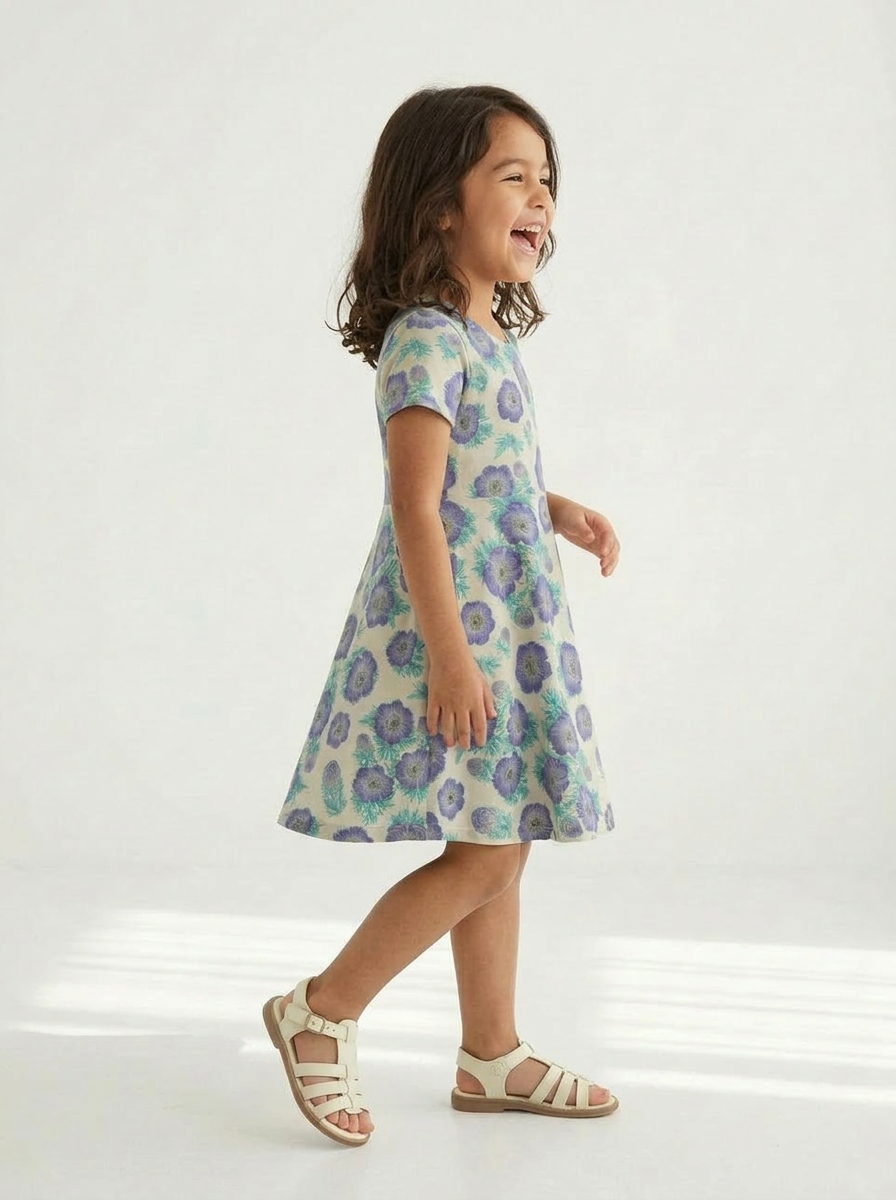 Girls Organic Cotton Short Sleeve Twirl Dress: Purple Poppies