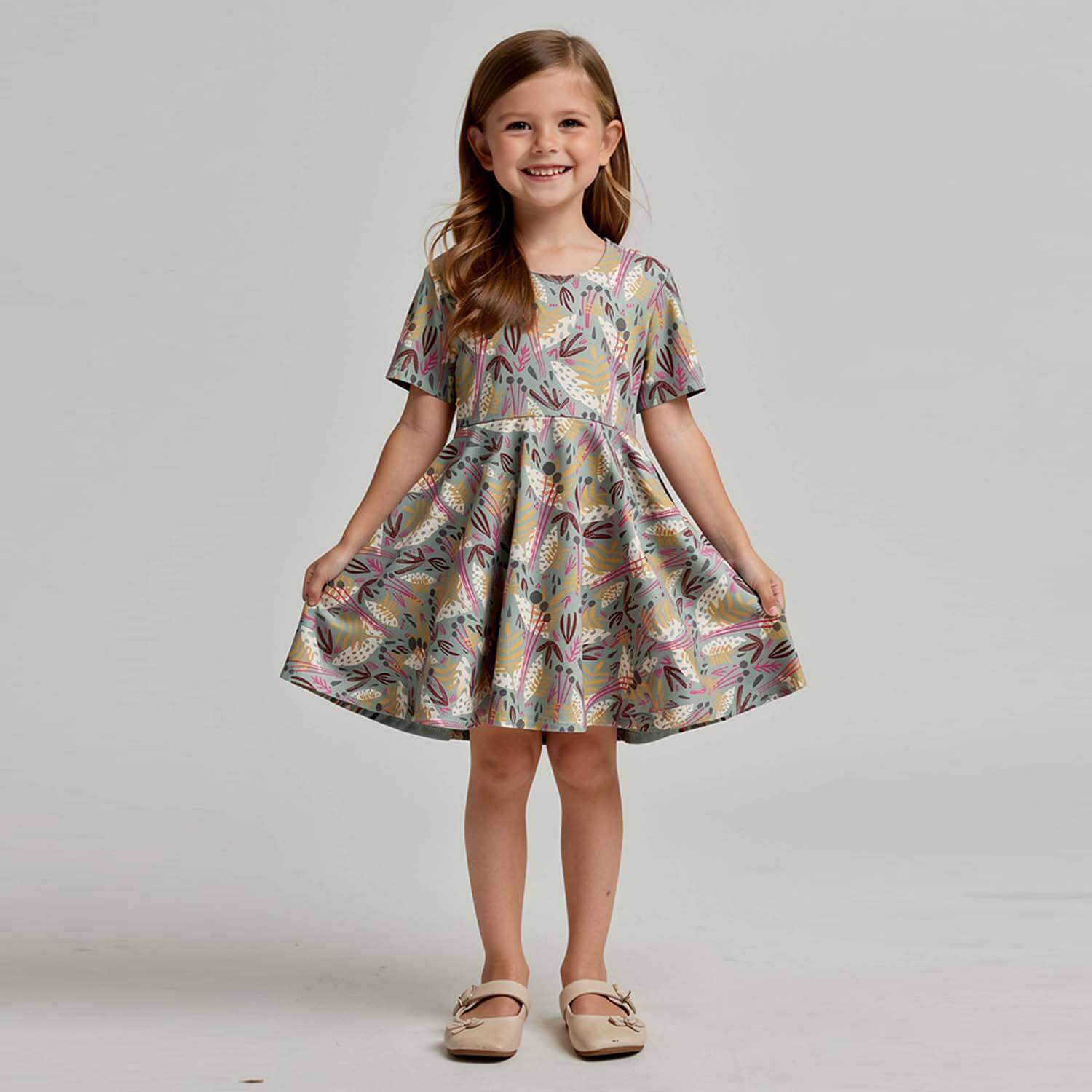 Mightly Girls Short Sleeve Twirl Dress: Whimsy Print1WC001Rockets of Awesome