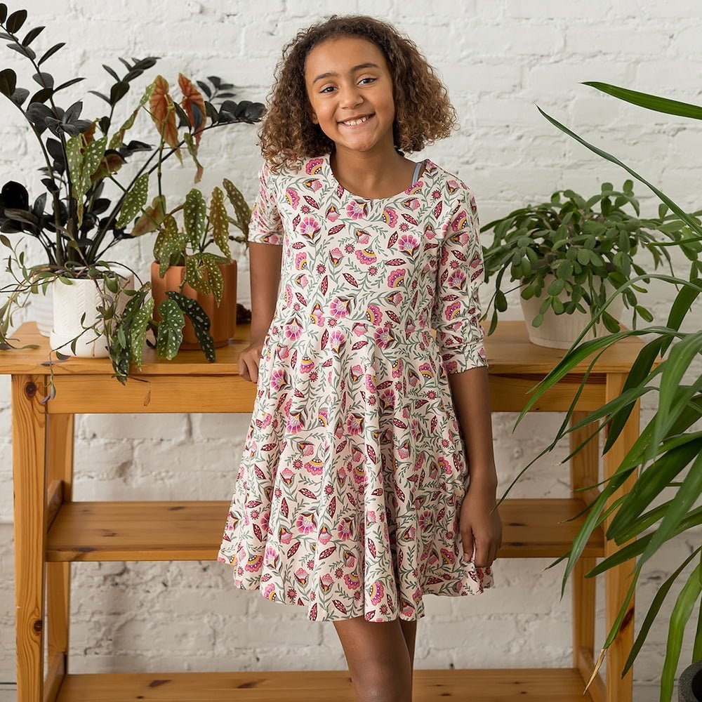 Kids Organic Cotton 3/4 Sleeve Twirl Dress: Folk FloralPO41LK001 - PARENT_3/4 Sleeve Skater Dress 1 - packRockets of Awesome