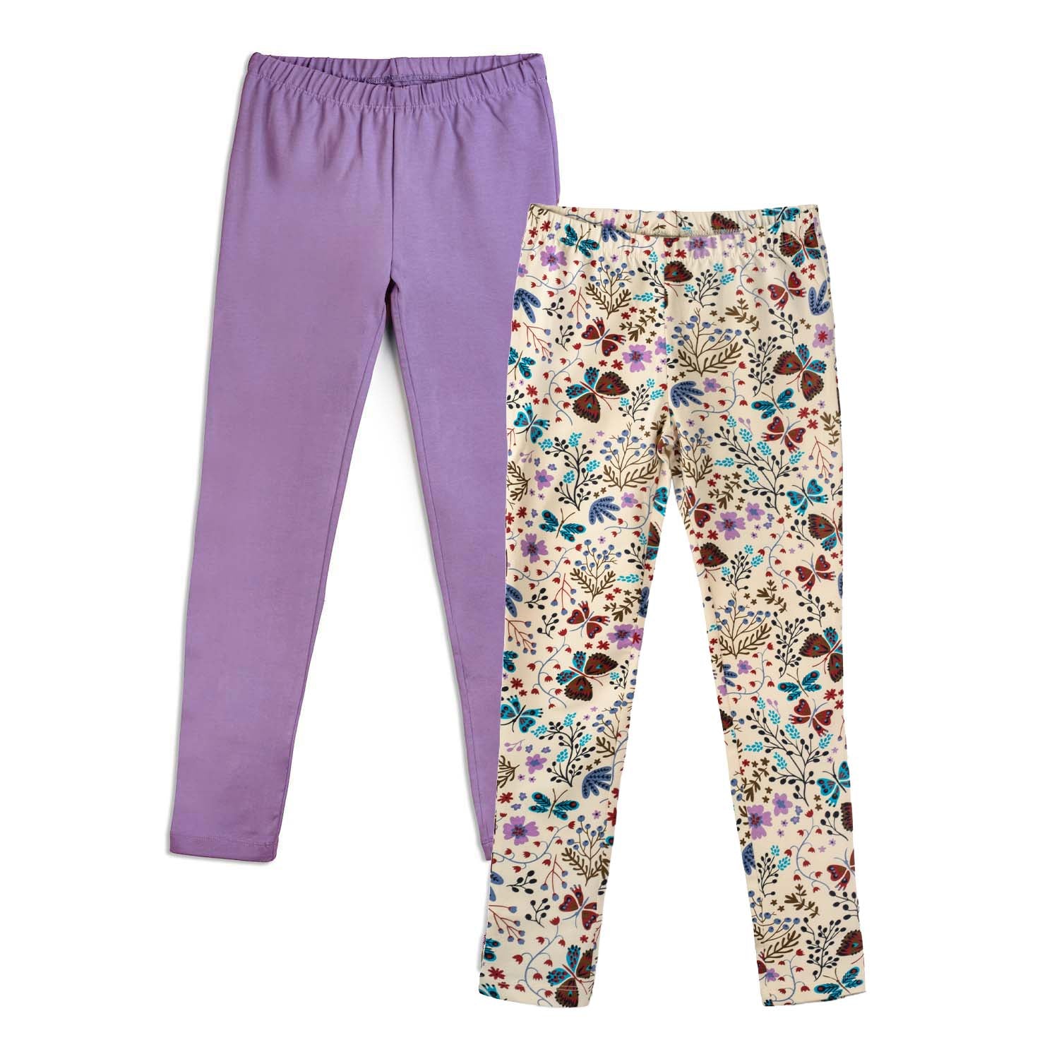 Girls Organic Cotton Reinforced Knee Leggings 2-Pack: Botanical Floral & Lilac