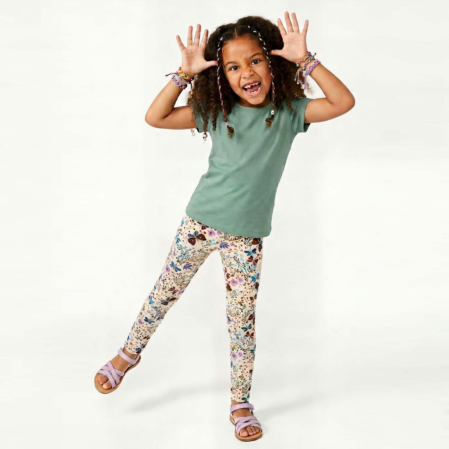 Girls Organic Cotton Reinforced Knee Leggings 2-Pack: Botanical Floral & Lilac