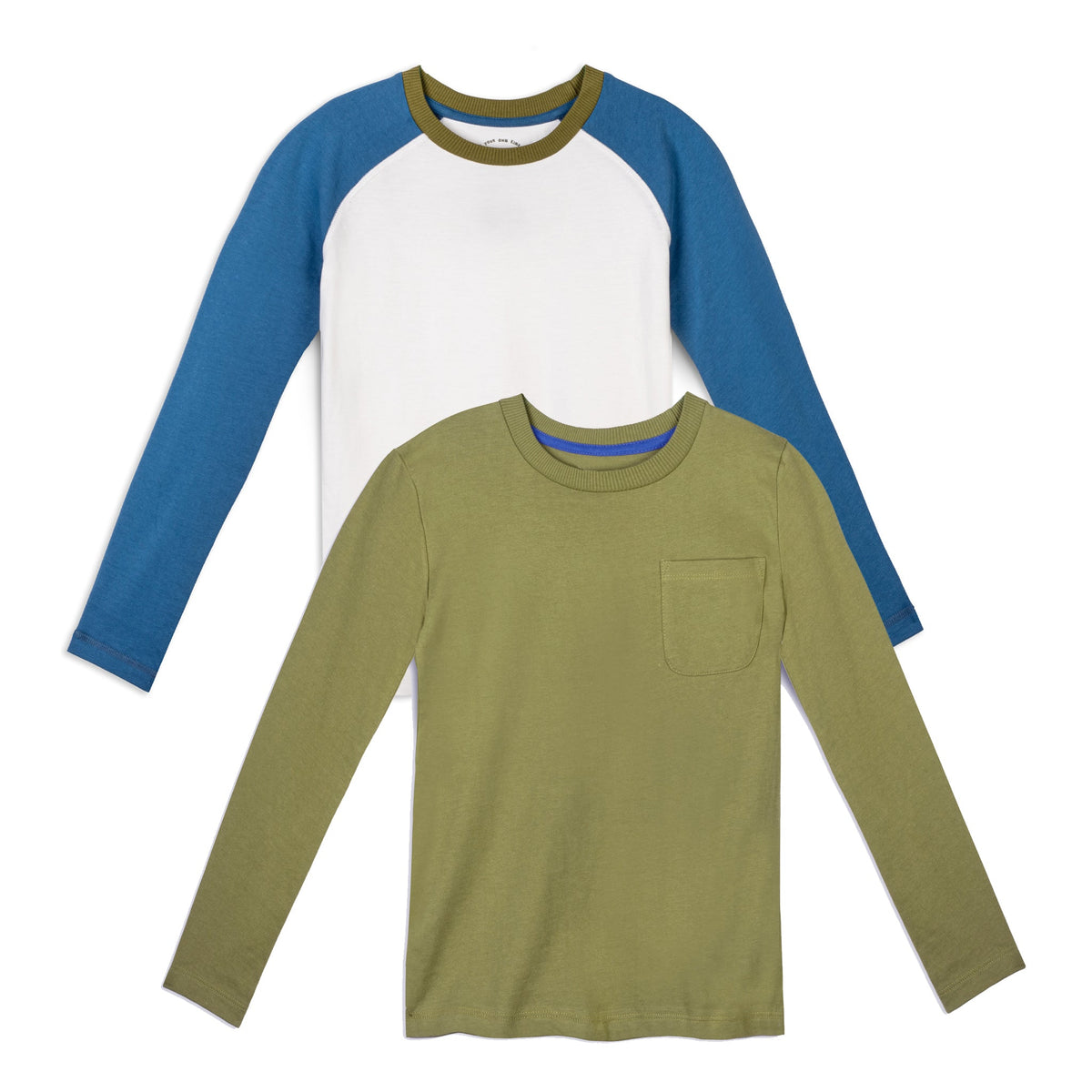 Two long-sleeve kids' shirts, one olive green with a pocket and one white with blue sleeves