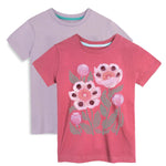 Two children's t-shirts, one pink with floral design and one purple, on a white background.