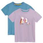 Two children's t-shirts, one blue and one purple with a bird design, on a white background.