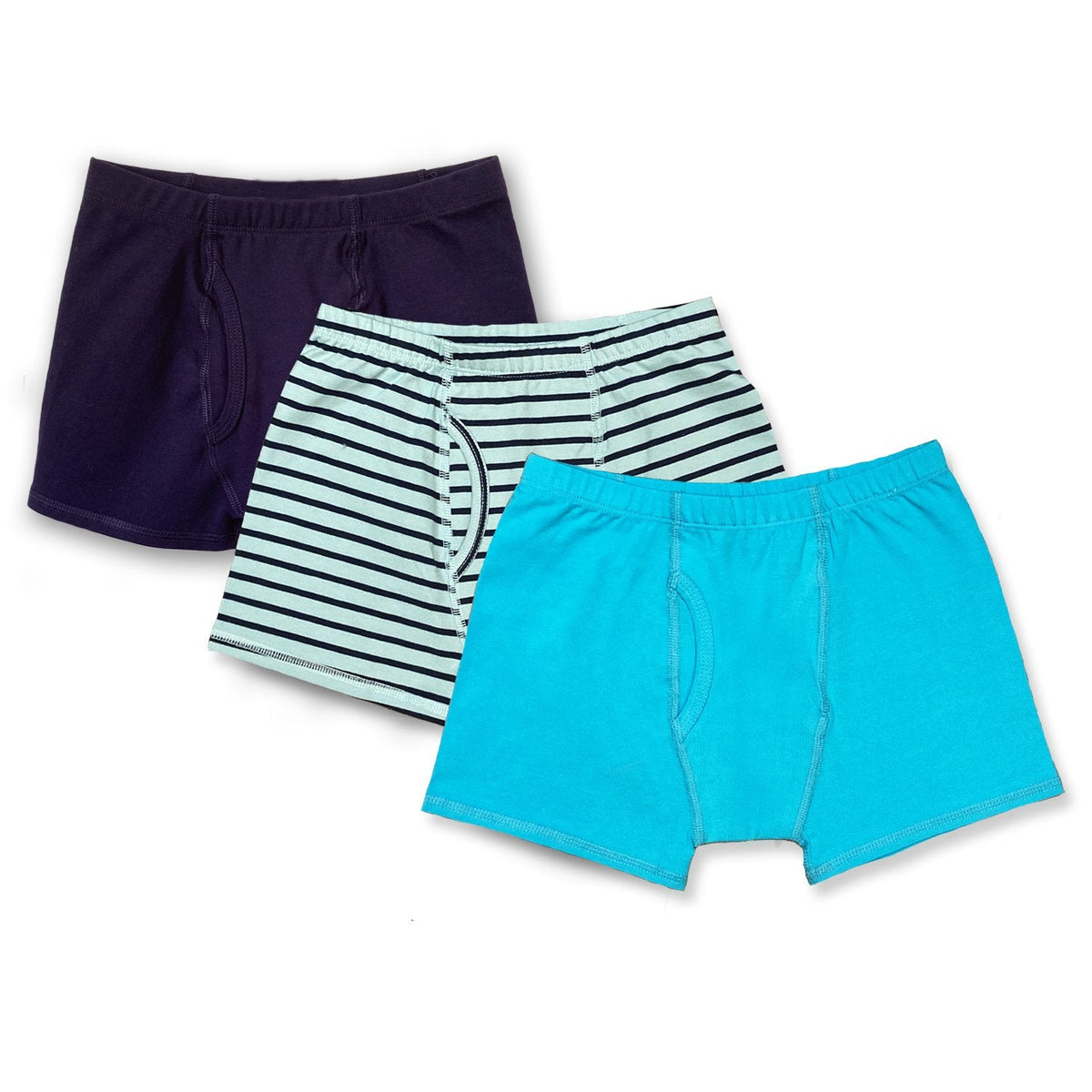 three boys boxer briefs on a white back ground. one is navy blue, one is blue striped and one is turquoise