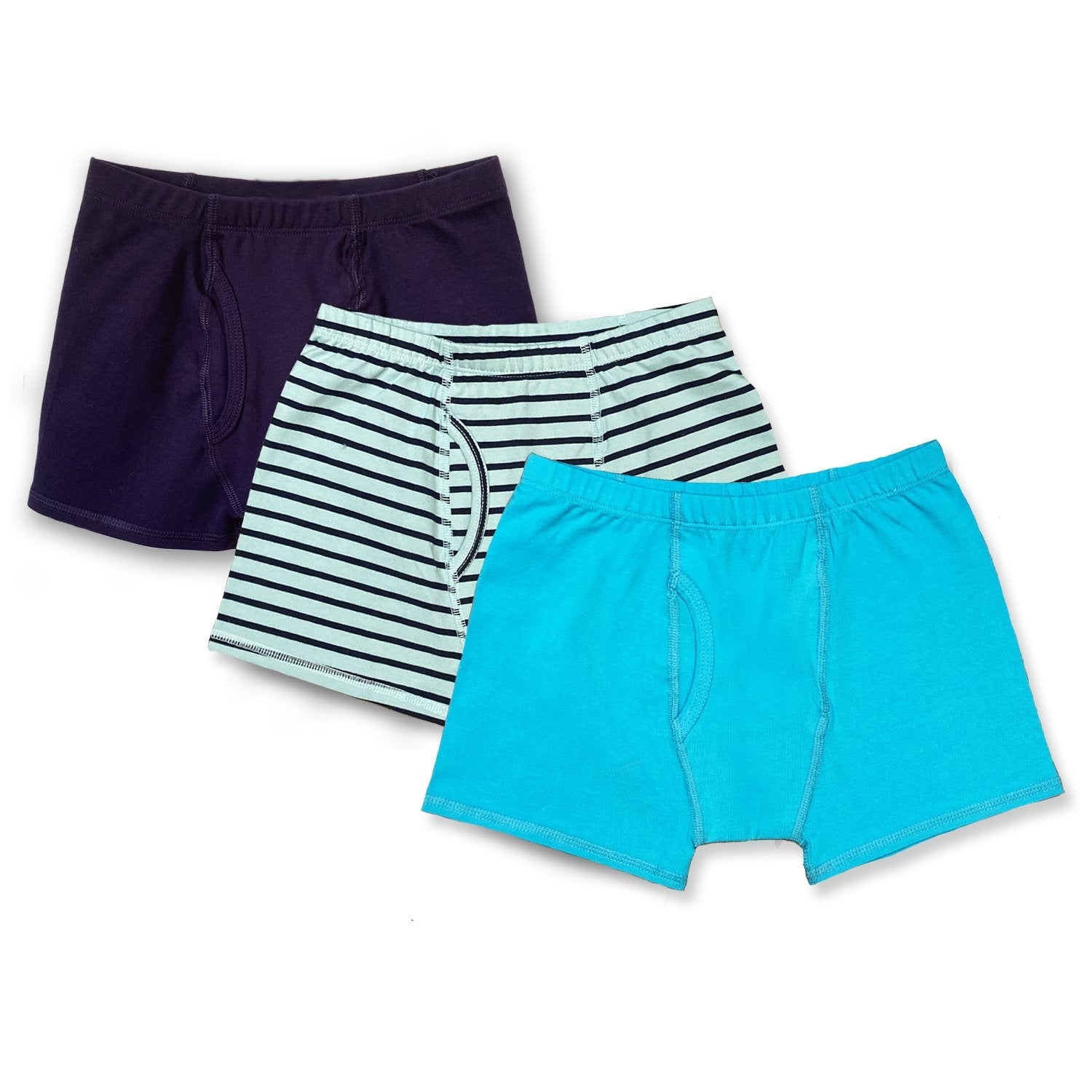three boys boxer briefs on a white back ground. one is navy blue, one is blue striped and one is turquoise