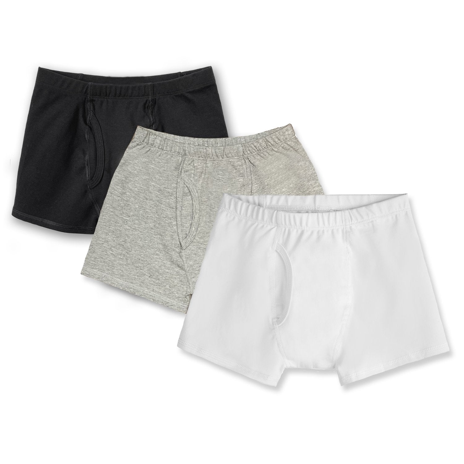 three boys boxer briefs on a white back ground. one is black, one is gray and one is white