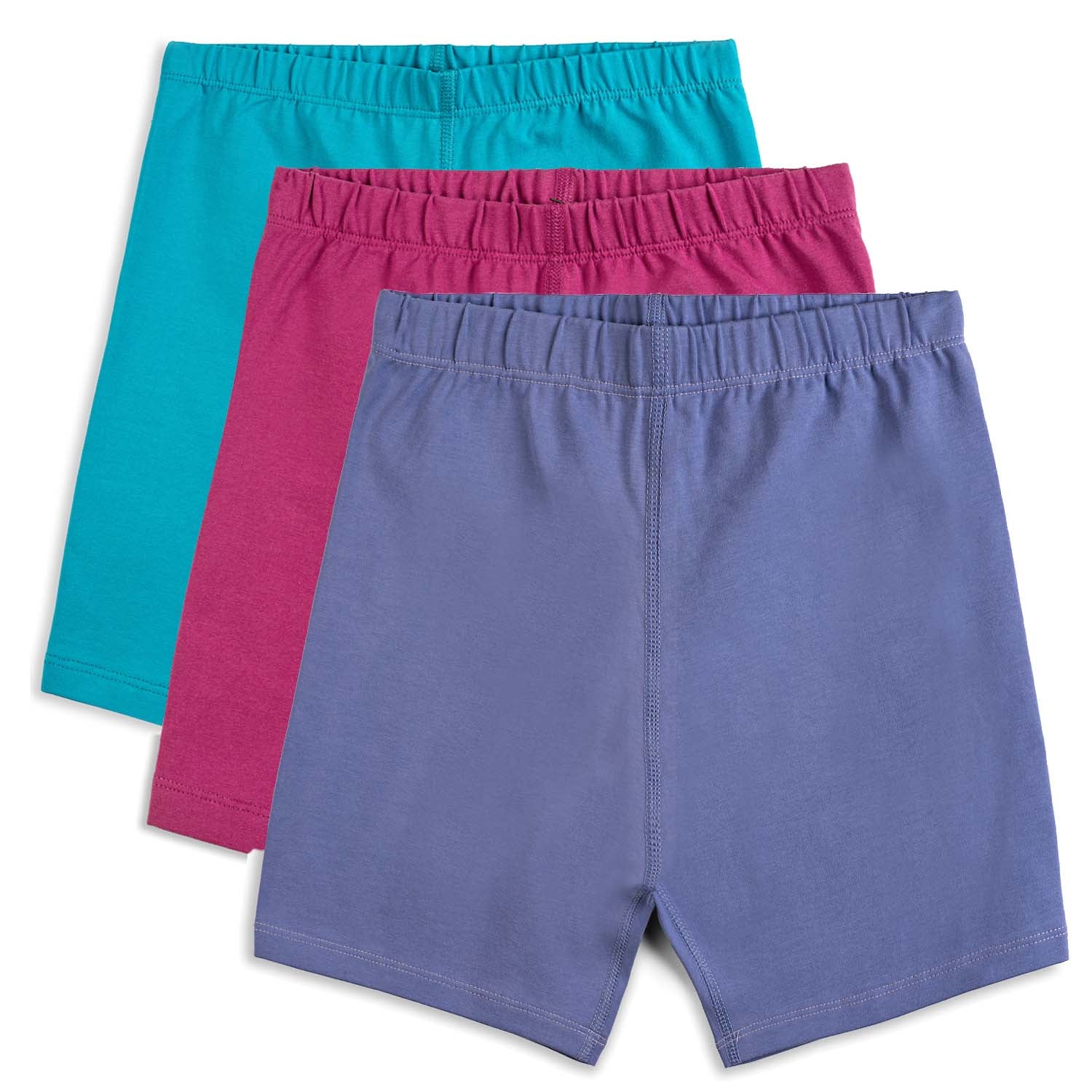Three pairs of girls' biker shorts in pink, turquoise, and purple color, stacked together on a white background.