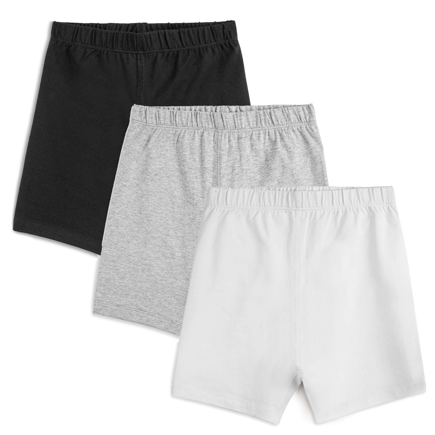 Three pairs of girls' biker shorts in black, gray and white stacked together on a white background.