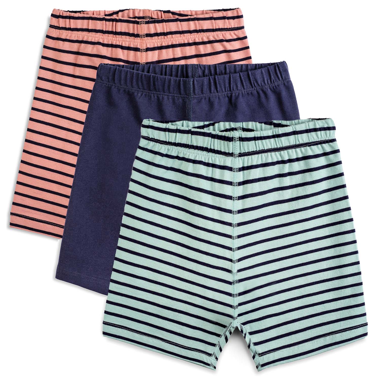 Three pairs of girls' biker shorts in pink stripe, navy blue and blue stripe stacked together on a white background.