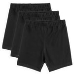 Three pairs of black girls' biker shorts tacked together on a white background.