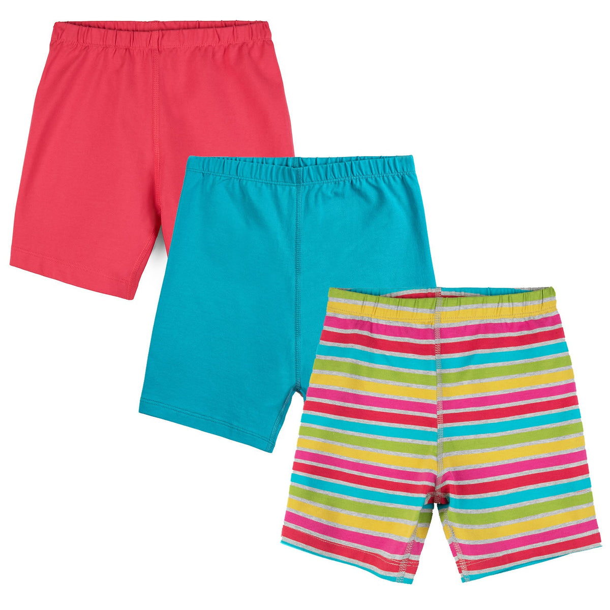Three pairs of girls' biker shorts in red, turquoise, and rainbow stripe stacked together on a white background.