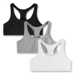 Three girls' racerback sports bras in black, gray and white, laid out flat.