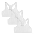Three white sports bras stacked on a white background