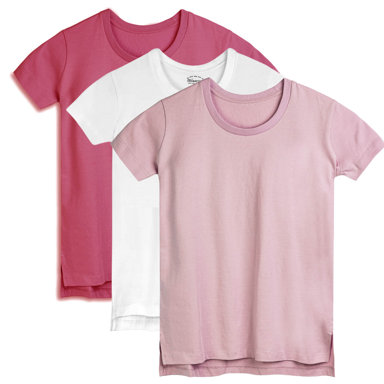 Three t-shirts in pink, white, and light pink on a white background