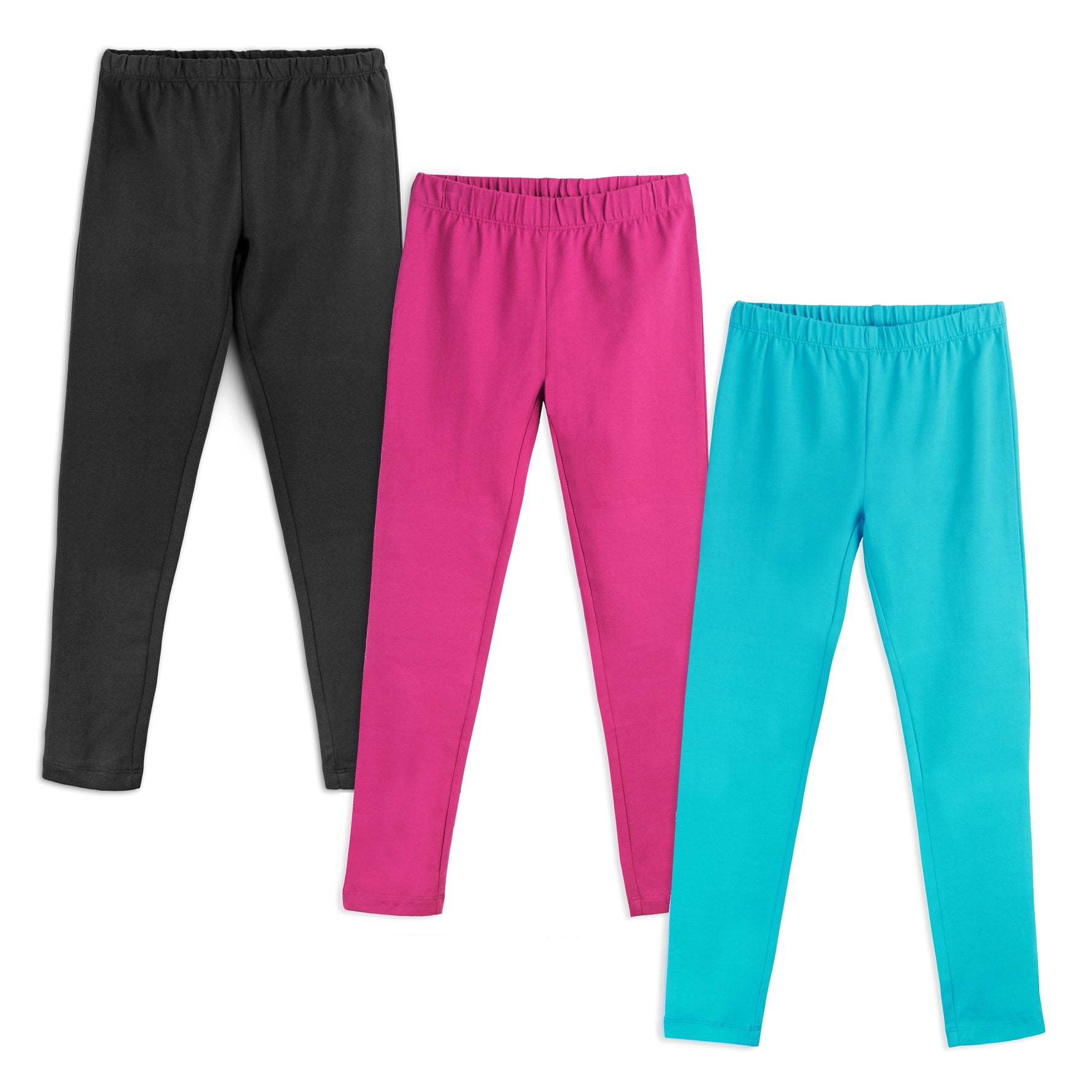 Three pairs of kids' organic cotton leggings in a 3-pack, one is black, one is pink and one is turquoise, stacked on a white background