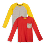 Two long-sleeve kids' shirts, one red with a lightning bolt printed pocket and one gray with yellow sleeves