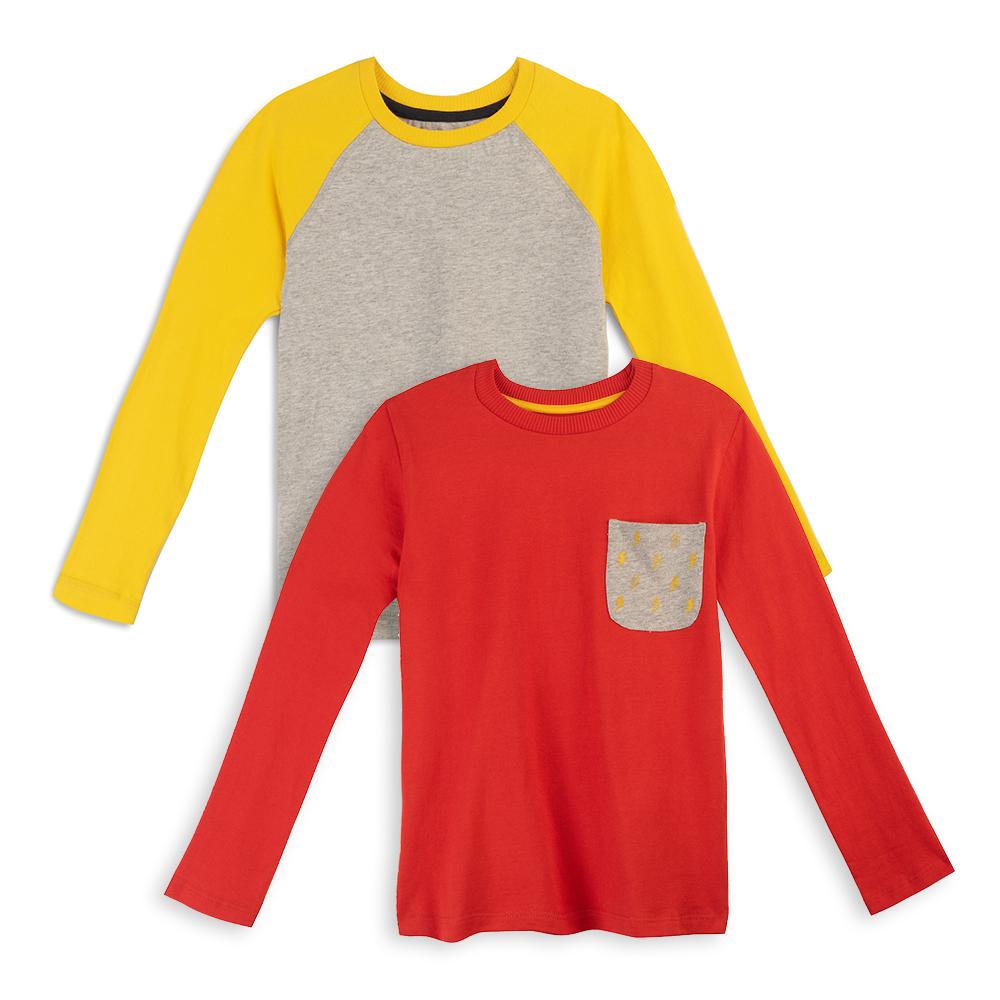 Two long-sleeve kids' shirts, one red with a lightning bolt printed pocket and one gray with yellow sleeves