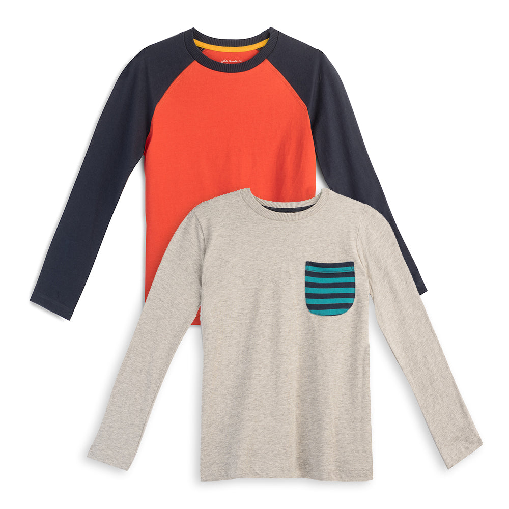 Two long-sleeve kids' shirts, one gray with a striped pocket and one red with navy blue sleeves