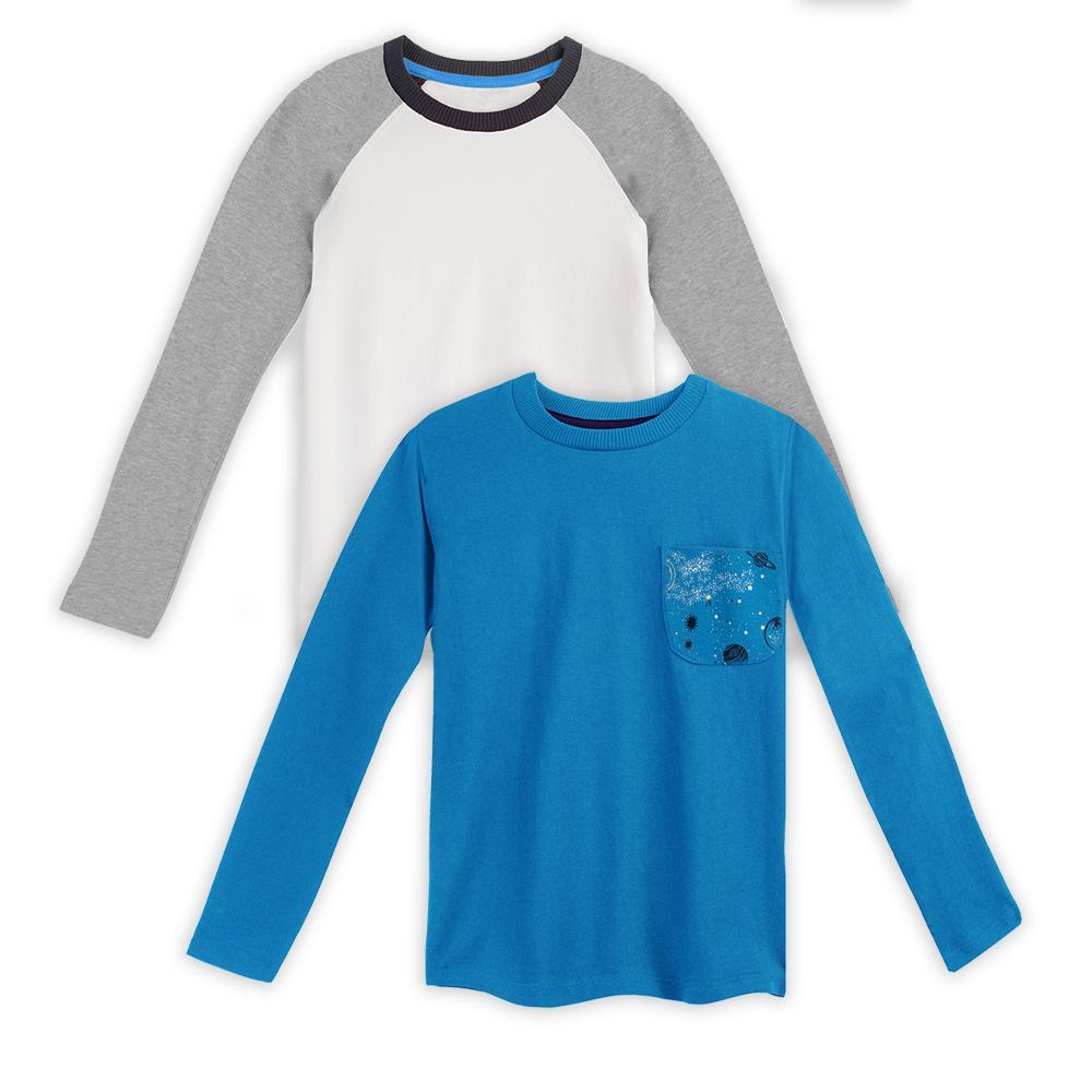 Two long-sleeve kids' shirts, one blue with a galaxy print pocket and white with gray sleeves
