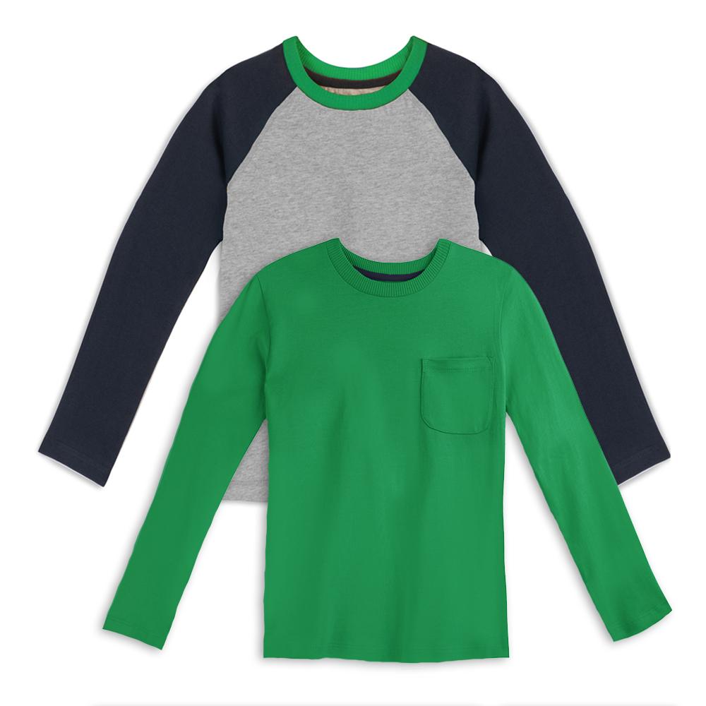 Two long-sleeve kids' shirts, one green with a pocket and one gray with navy blue sleeves