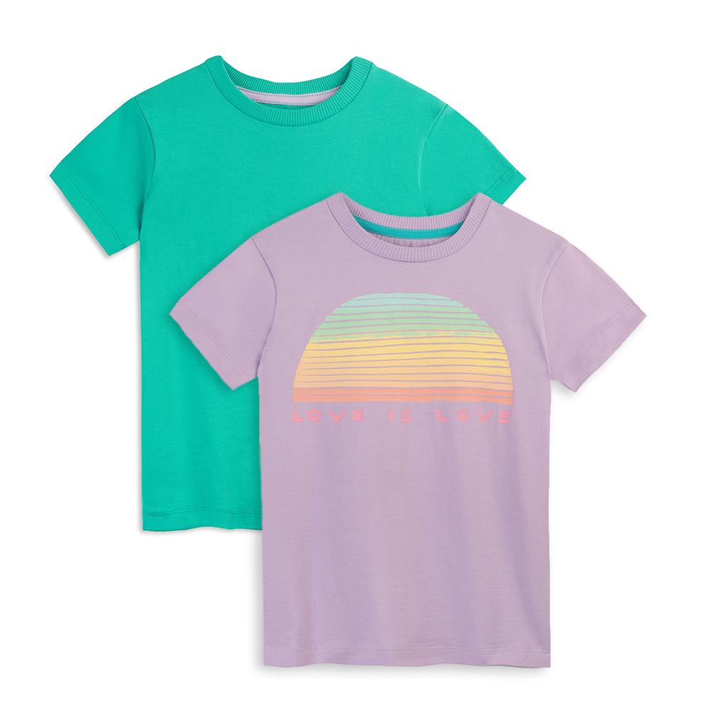 two tee shirts one is teal the other lavender with a rainbow print 